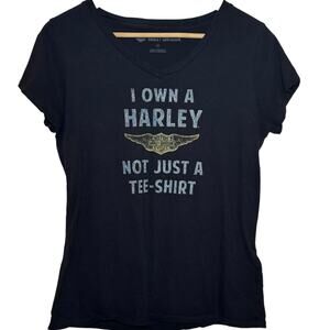 Harley Davidson Black V-Neck I Own a Harley 100% Cotton Size Medium T-Shirt